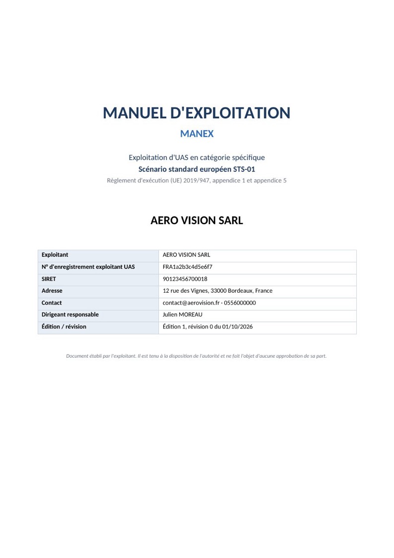 Aperçu de la page de garde d'un MANEX généré